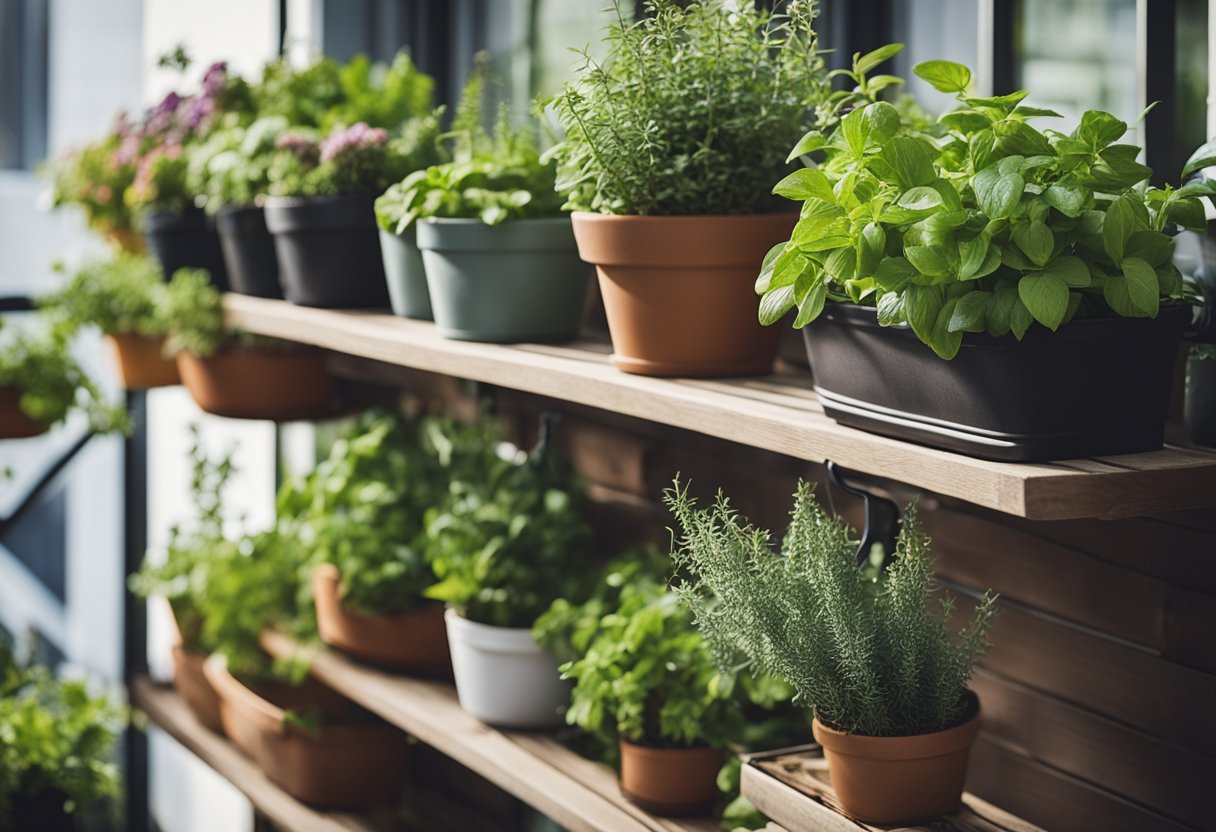 A variety of potted plants and herbs arranged on a small balcony, with hanging baskets and trellises maximizing vertical space