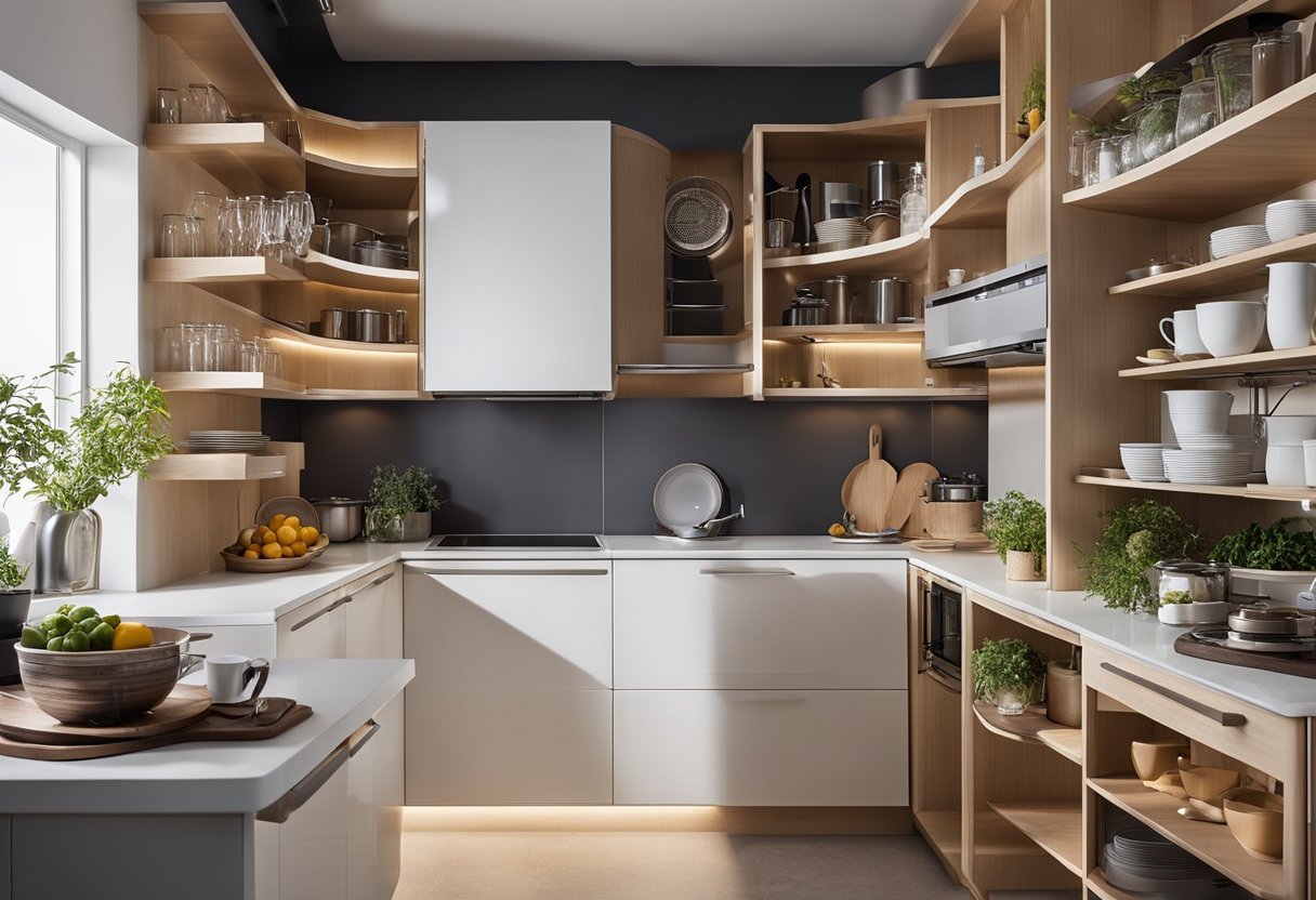 The kitchen corner is cleverly utilized with pull-out shelves and rotating carousels to maximize storage. A corner cabinet with a swing-out shelf provides easy access to pots and pans