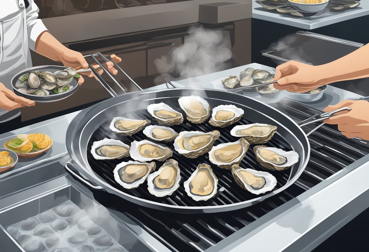 An open kitchen with sizzling oysters on a hot grill, a chef's hand holding a pair of tongs, and a platter of freshly shucked oysters on ice