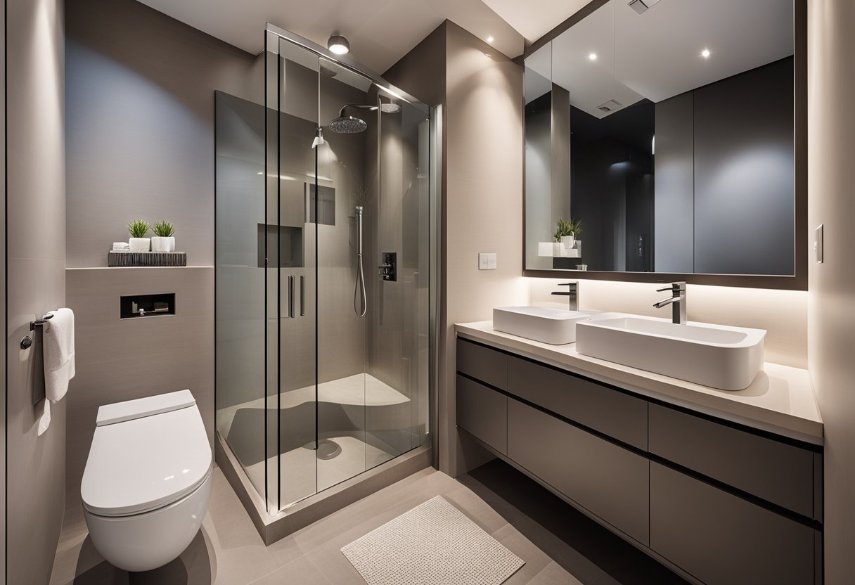A modern master bedroom toilet with sleek fixtures and a spacious shower enclosure