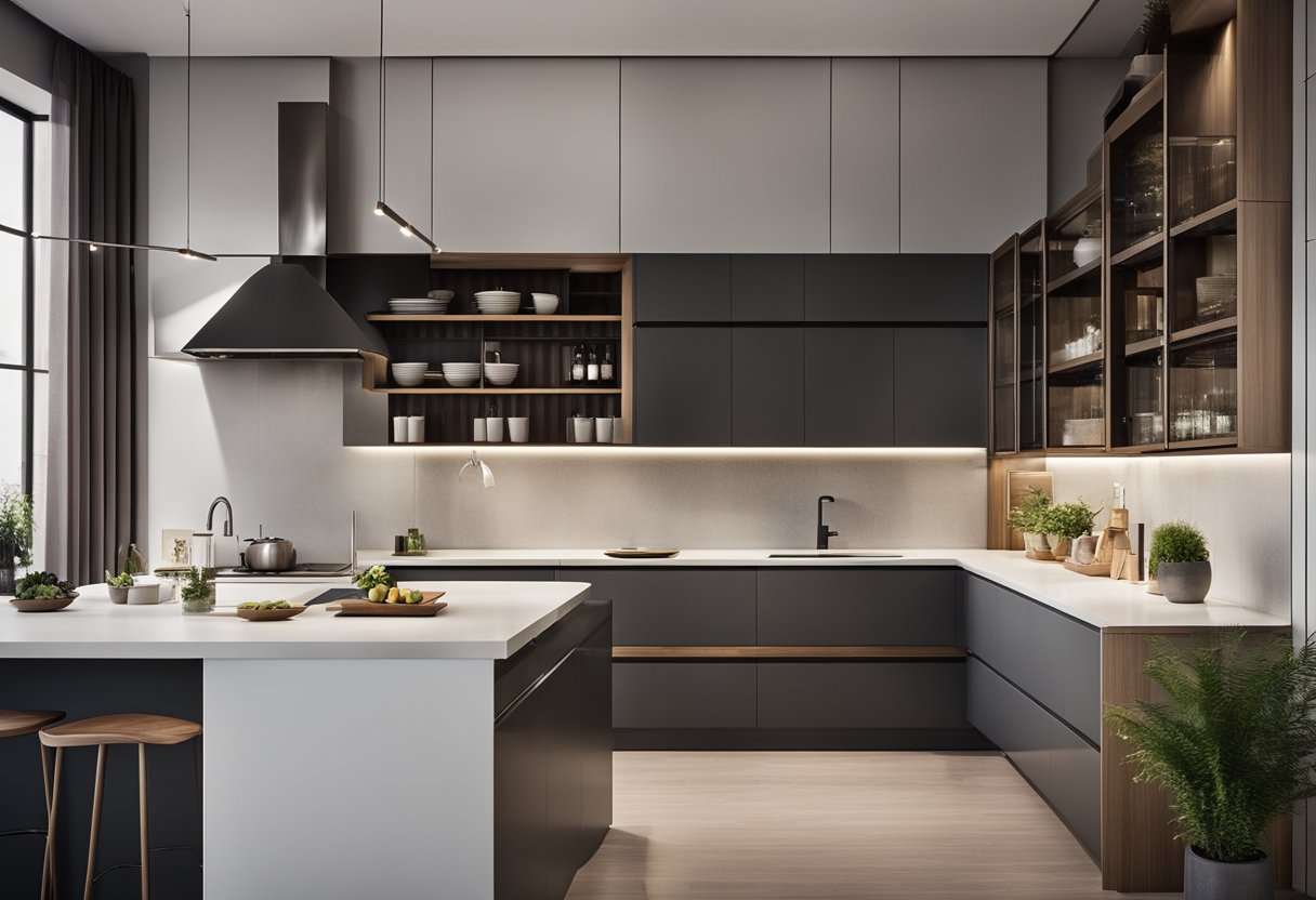 A modern dry kitchen cabinet with sleek lines and minimalist design, featuring open shelving and integrated lighting for a clean and contemporary look
