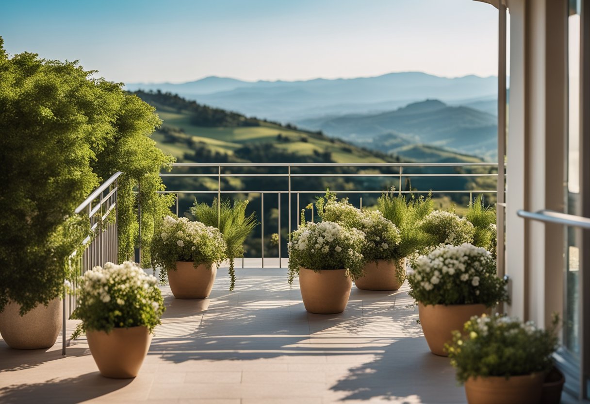 A spacious balcony with lush greenery, colorful flowers, and comfortable seating, overlooking a serene landscape with rolling hills and a clear blue sky