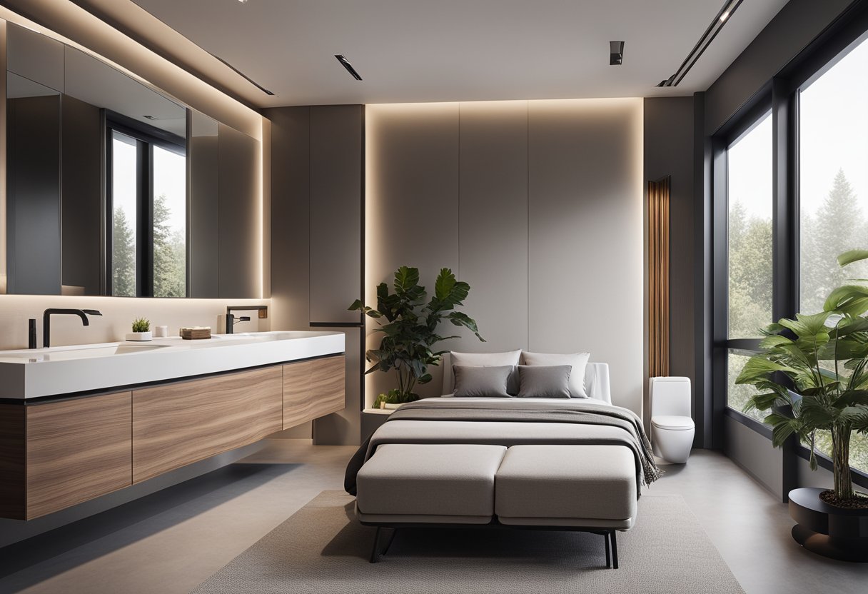 A modern master bedroom toilet with sleek fixtures and minimalist design. Large windows allow natural light to fill the space, creating a serene and luxurious atmosphere