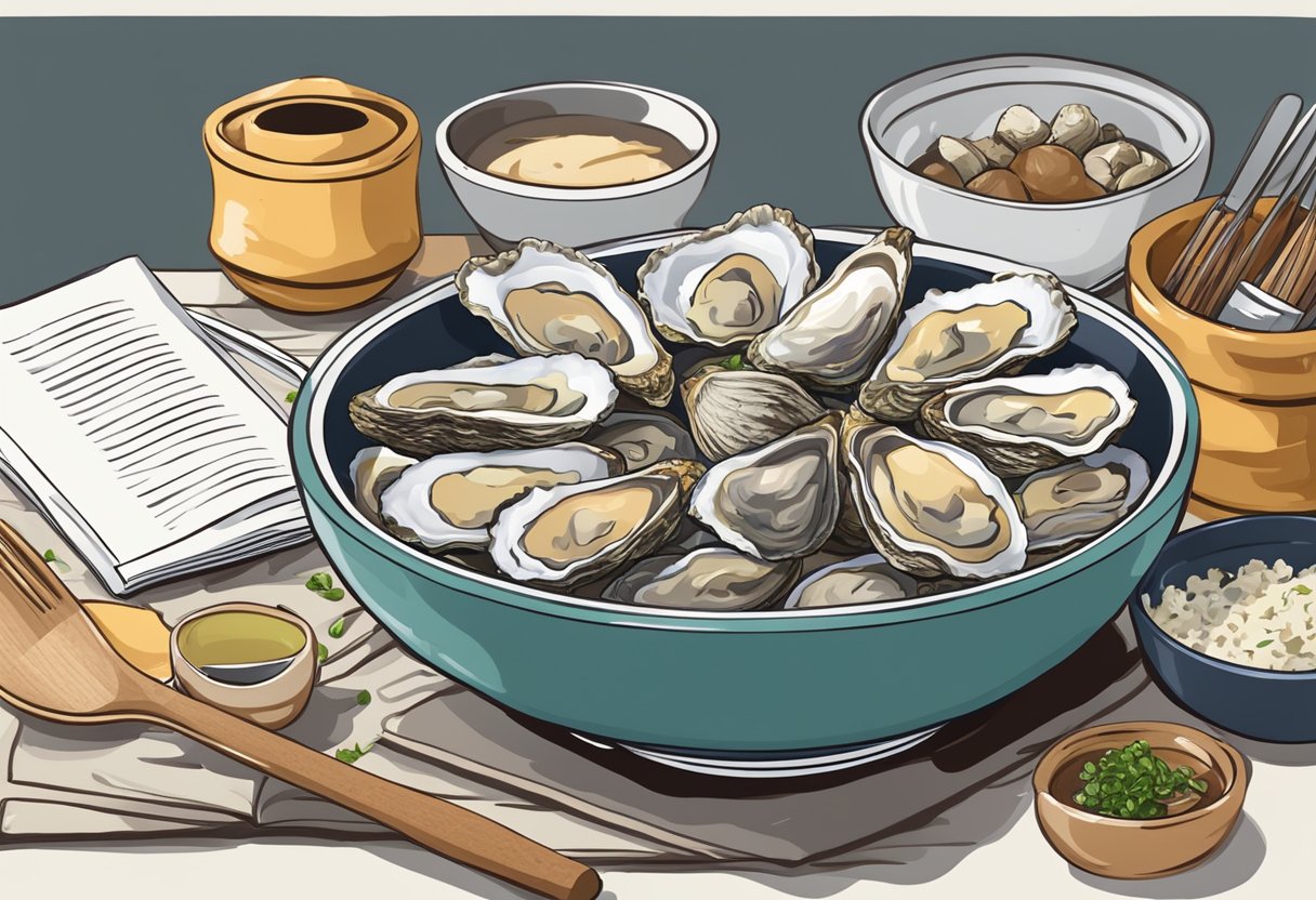 A bowl of fresh Japanese oysters surrounded by ingredients and cooking utensils, with a recipe book open to the "Frequently Asked Questions" page