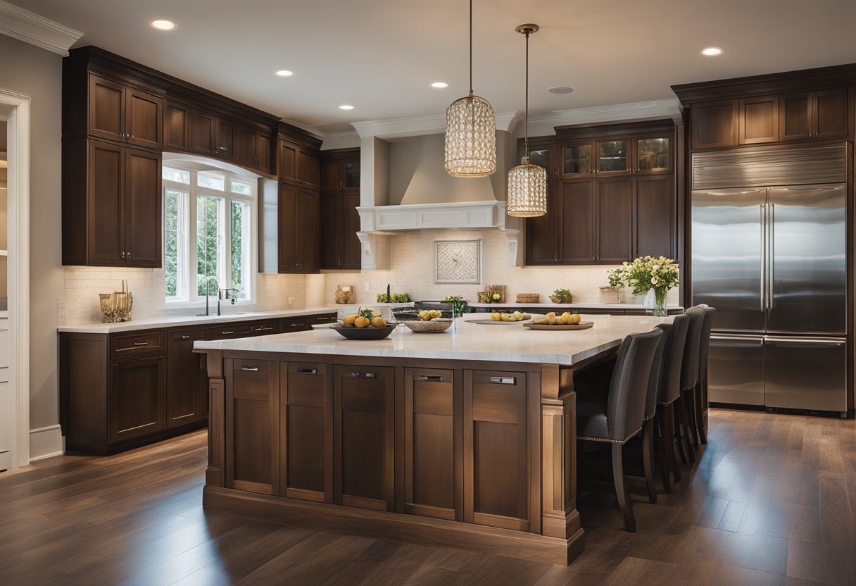 A spacious kitchen with a large, wooden island in the center. Classic cabinetry, pendant lighting, and decorative details create a warm and inviting atmosphere