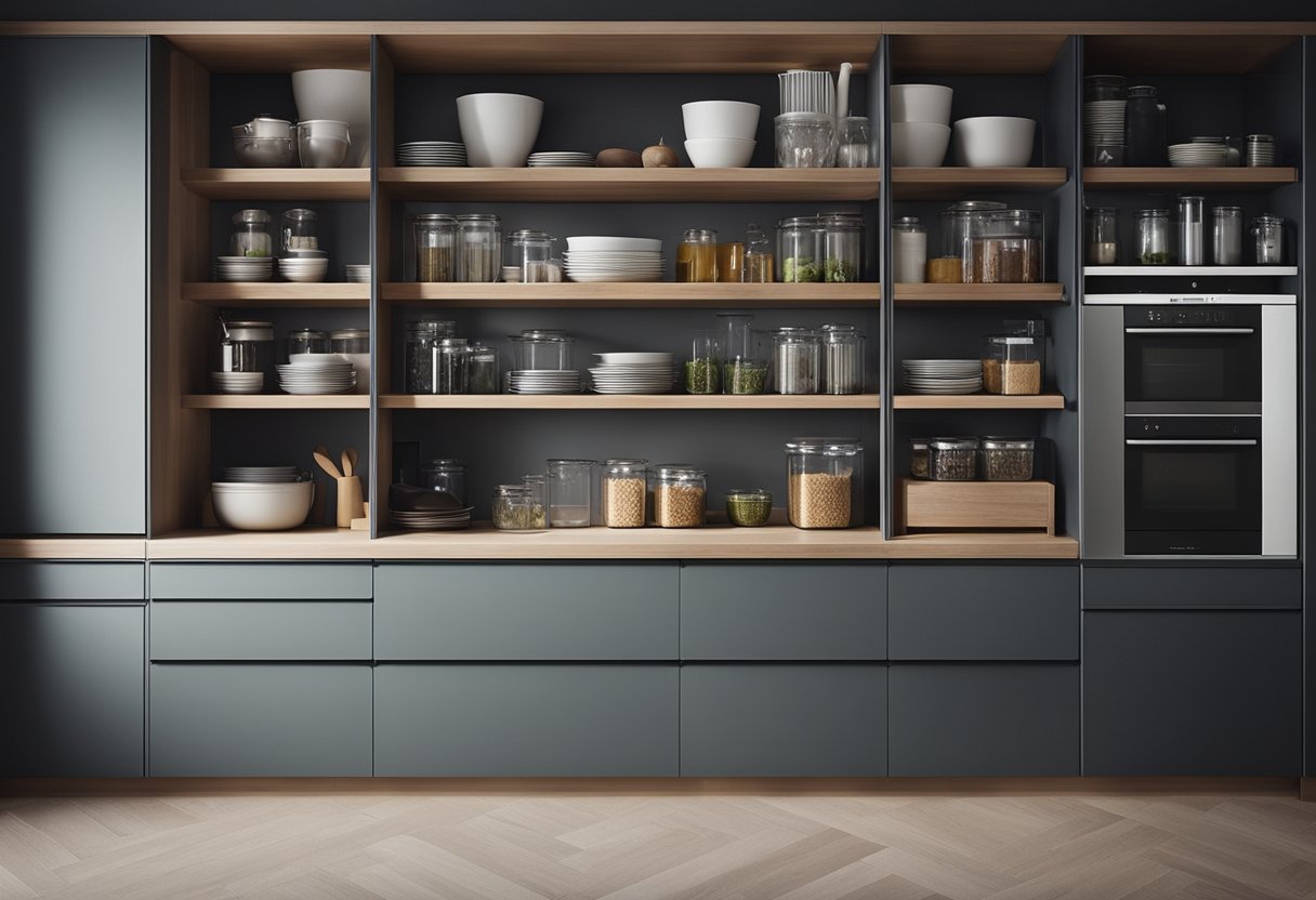 A sleek, modern kitchen cabinet with clean lines and ample storage space. Shelves neatly organized with labeled containers and utensils