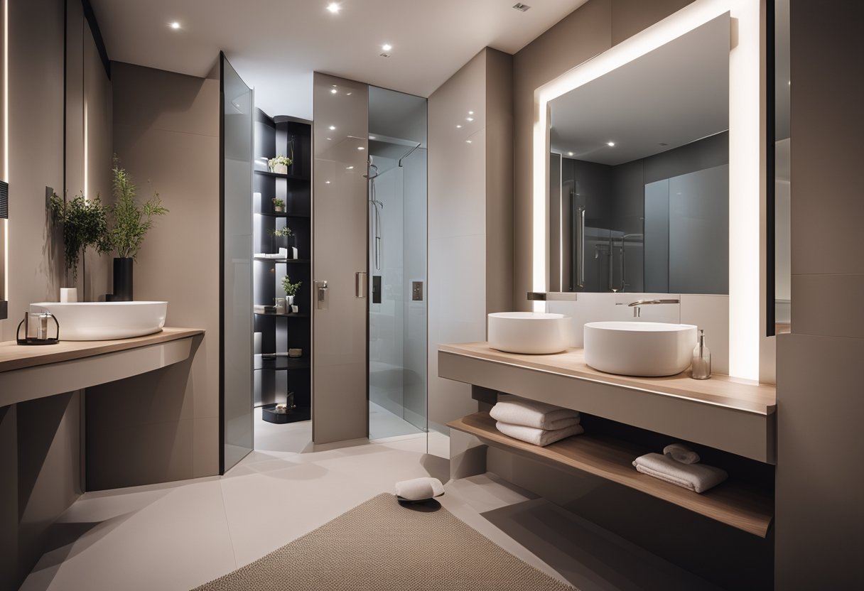 A modern master bedroom toilet with sleek fixtures and minimalist accessories