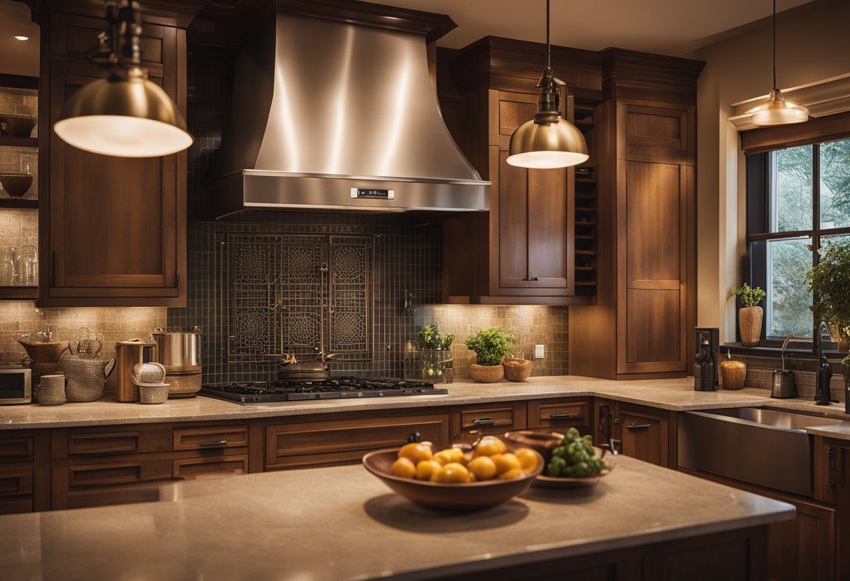 A traditional kitchen with a central island, wooden cabinets, and vintage appliances. Warm lighting and cozy atmosphere