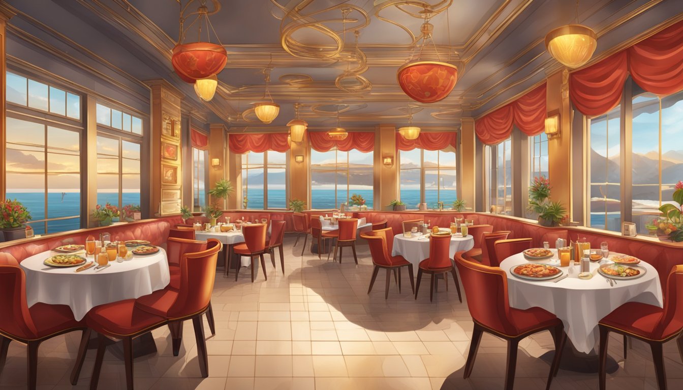 A bustling restaurant with red and gold decor, round tables filled with steaming dishes, and the aroma of fresh seafood and savory flavors in the air