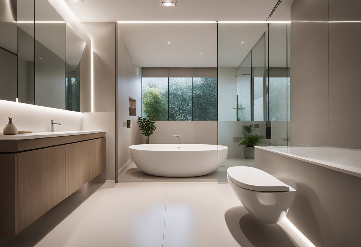 A spacious master bedroom toilet with modern fixtures and a sleek, minimalist design. Light pours in from a large window, illuminating the clean, contemporary space