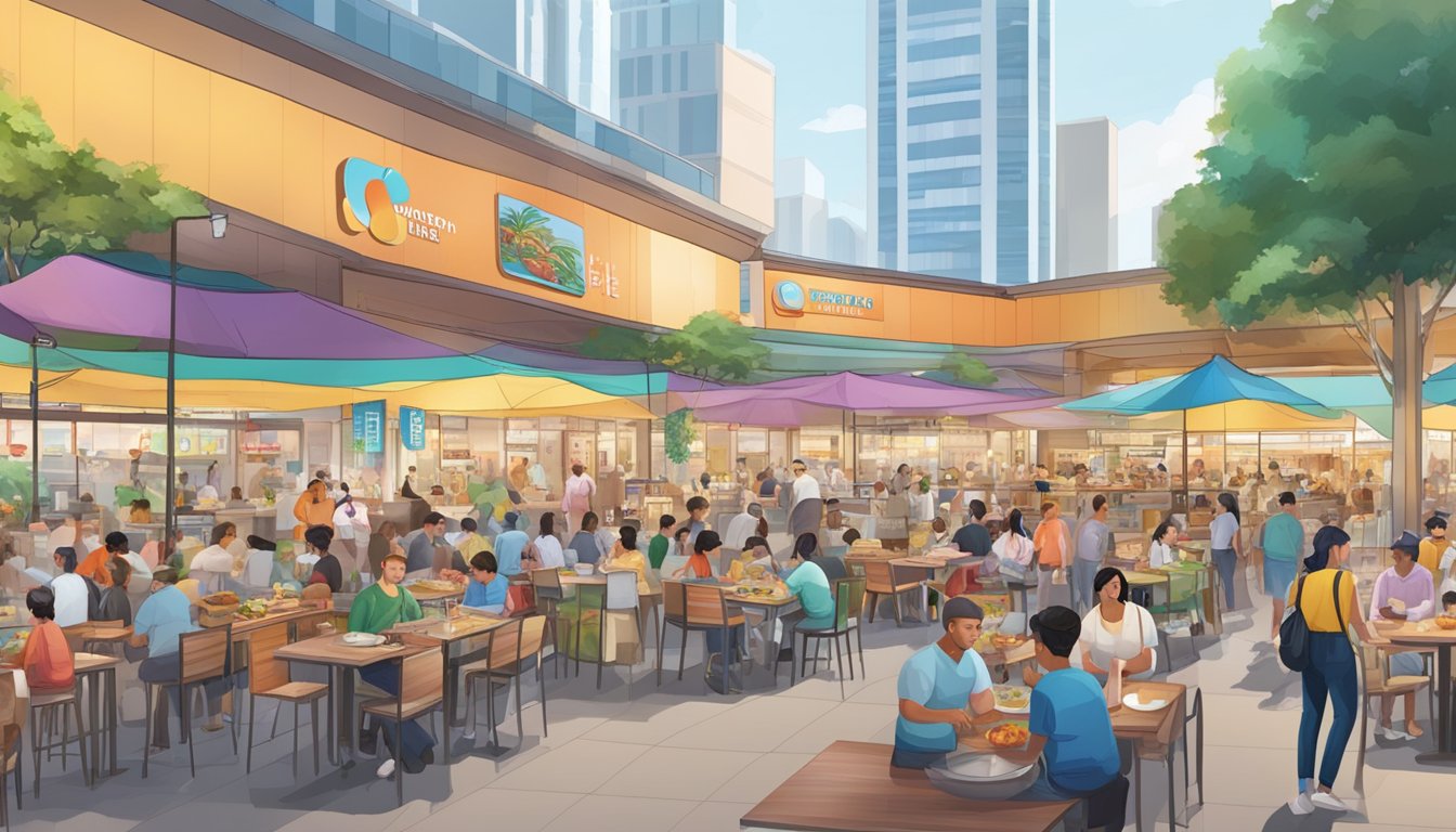 A bustling food court with diverse cuisines, colorful signage, and bustling crowds at Parkway Parade