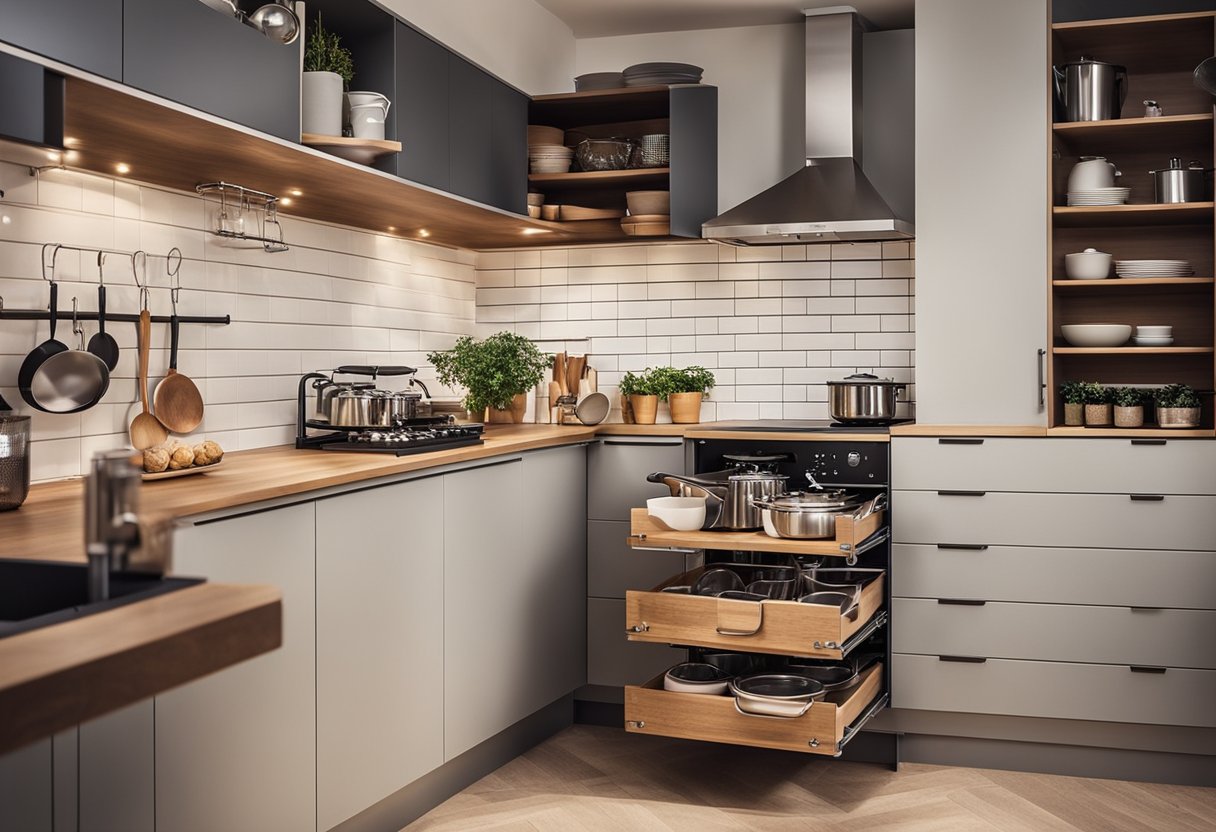 A tidy kitchen corner with clever storage solutions and organized shelves. A pull-out drawer for pots and pans, a corner carousel for easy access, and a hanging rack for utensils