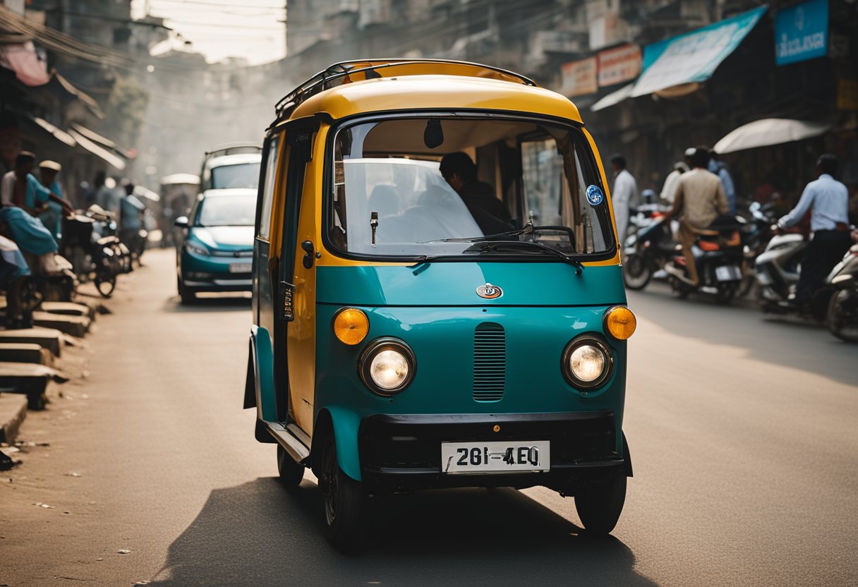 The Smart EQ zips through narrow streets, dodging rickshaws and motorcycles, showcasing its agility in the bustling urban landscape of India