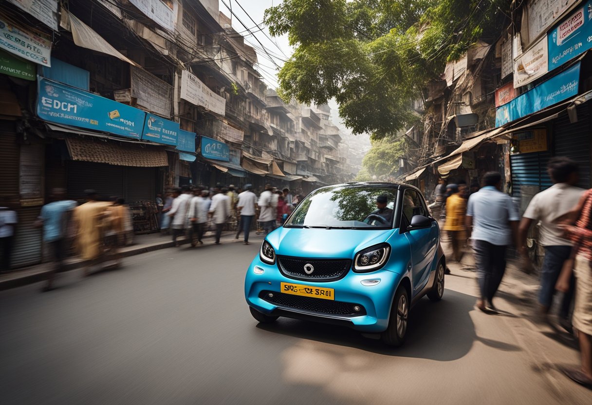 The Smart EQ zips through narrow Indian streets, emitting zero emissions and reducing air pollution. Pedestrians smile as the compact car effortlessly navigates the bustling urban landscape