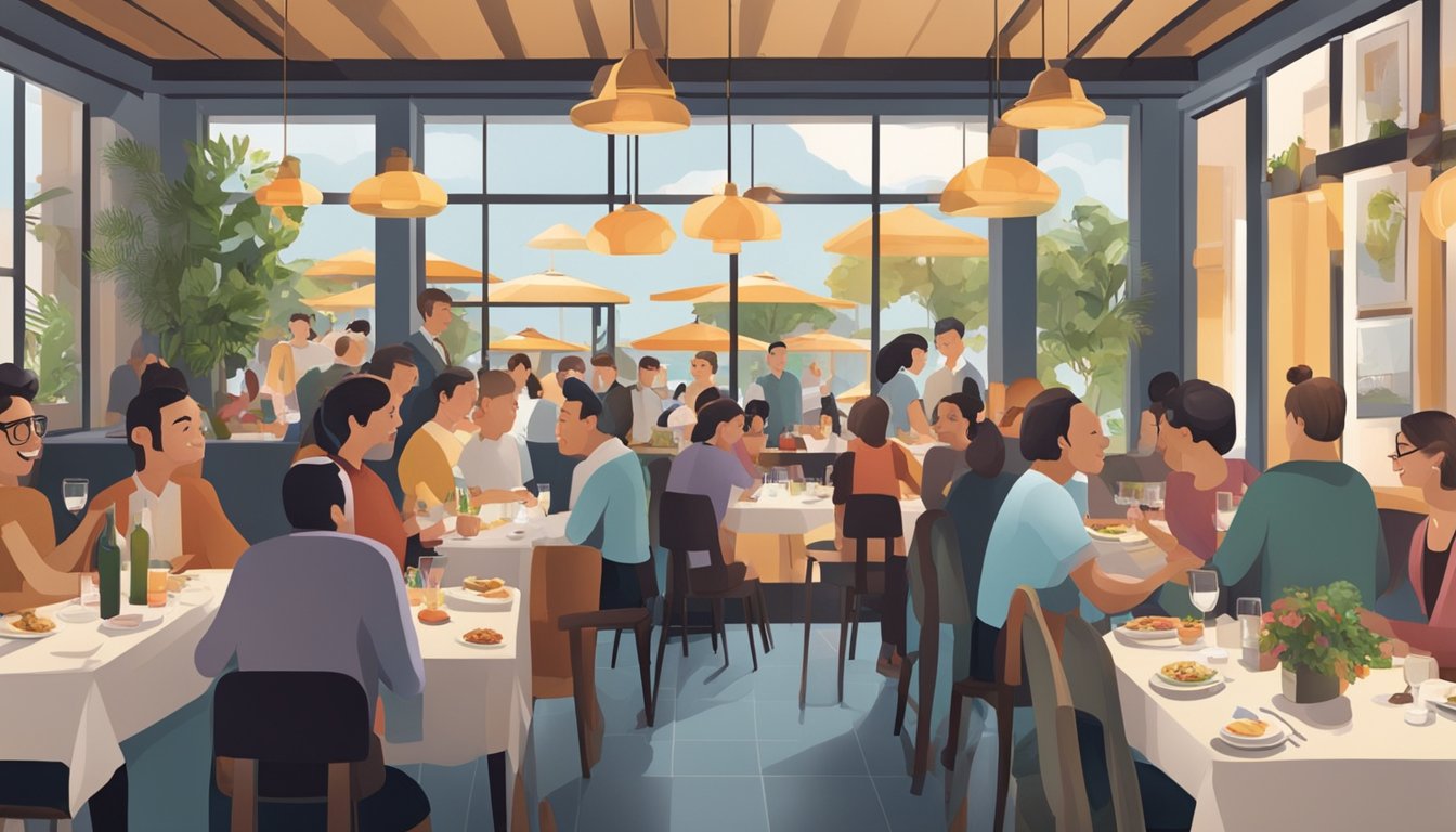 The bustling restaurant Ibid is filled with diners chatting and enjoying their meals, while the aroma of delicious food wafts through the air