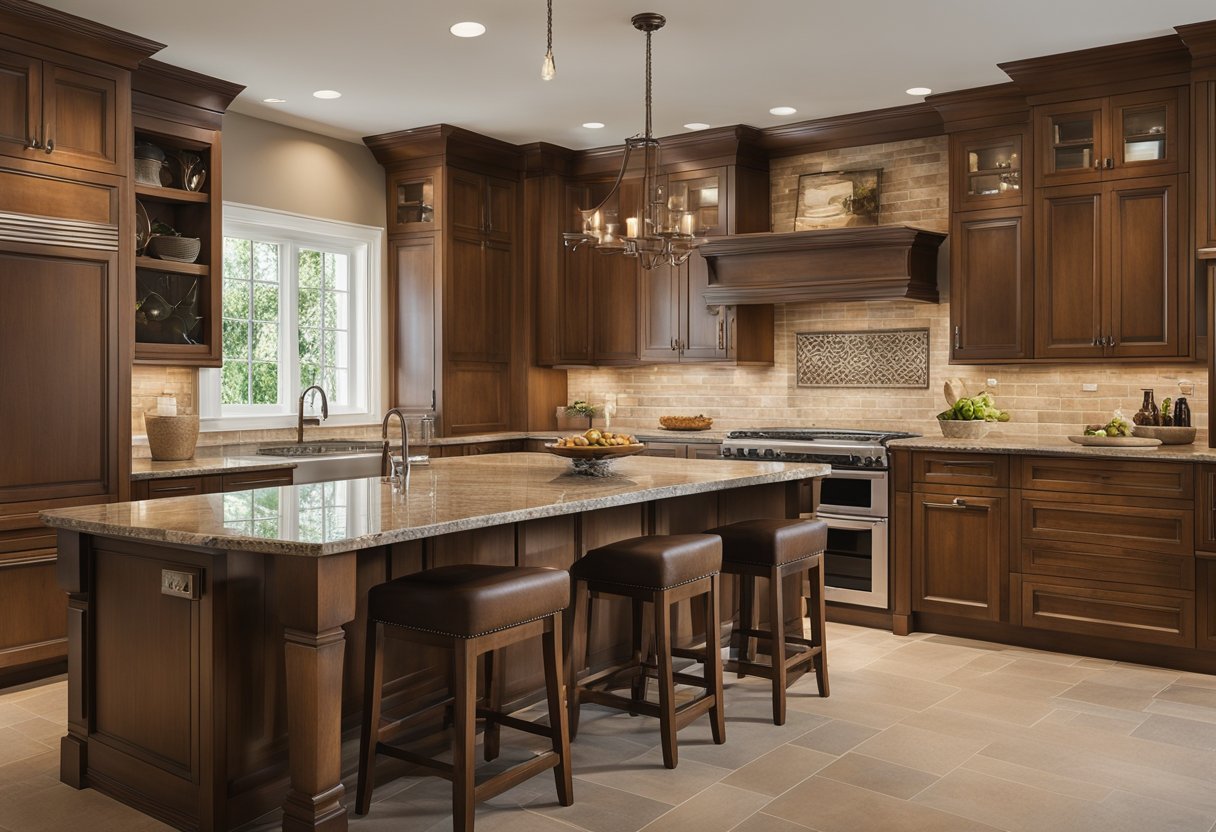 A traditional kitchen with a large, central island surrounded by wooden cabinets and stone countertops. The island features a built-in sink and space for seating