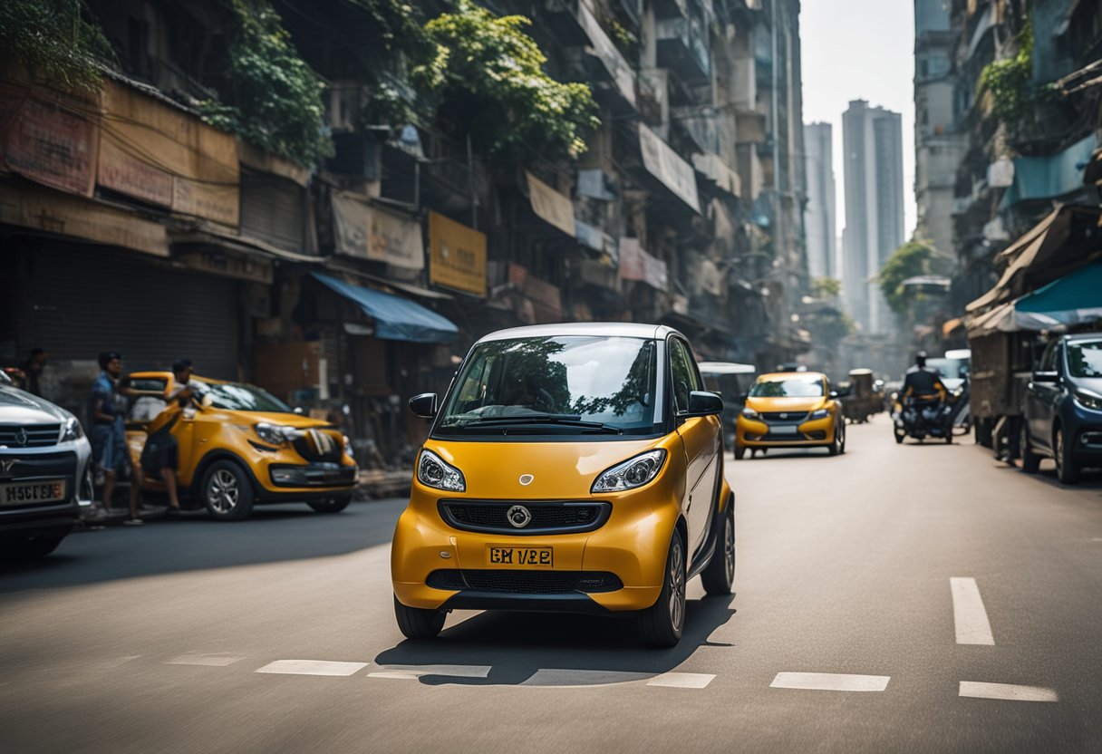 The Smart EQ zips through narrow Indian streets, dwarfed by towering buildings, while navigating bustling traffic with ease