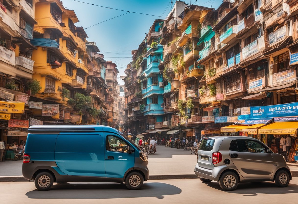 The Smart EQ zips through narrow Indian streets, surrounded by colorful buildings and bustling markets. Its compact size and sleek design make it a perfect fit for the crowded urban landscape