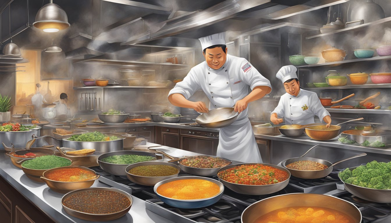 A bustling kitchen with sizzling pans, colorful ingredients, and steaming pots. The aroma of exotic spices fills the air as Chef Woo Wai Leong orchestrates a symphony of flavors
