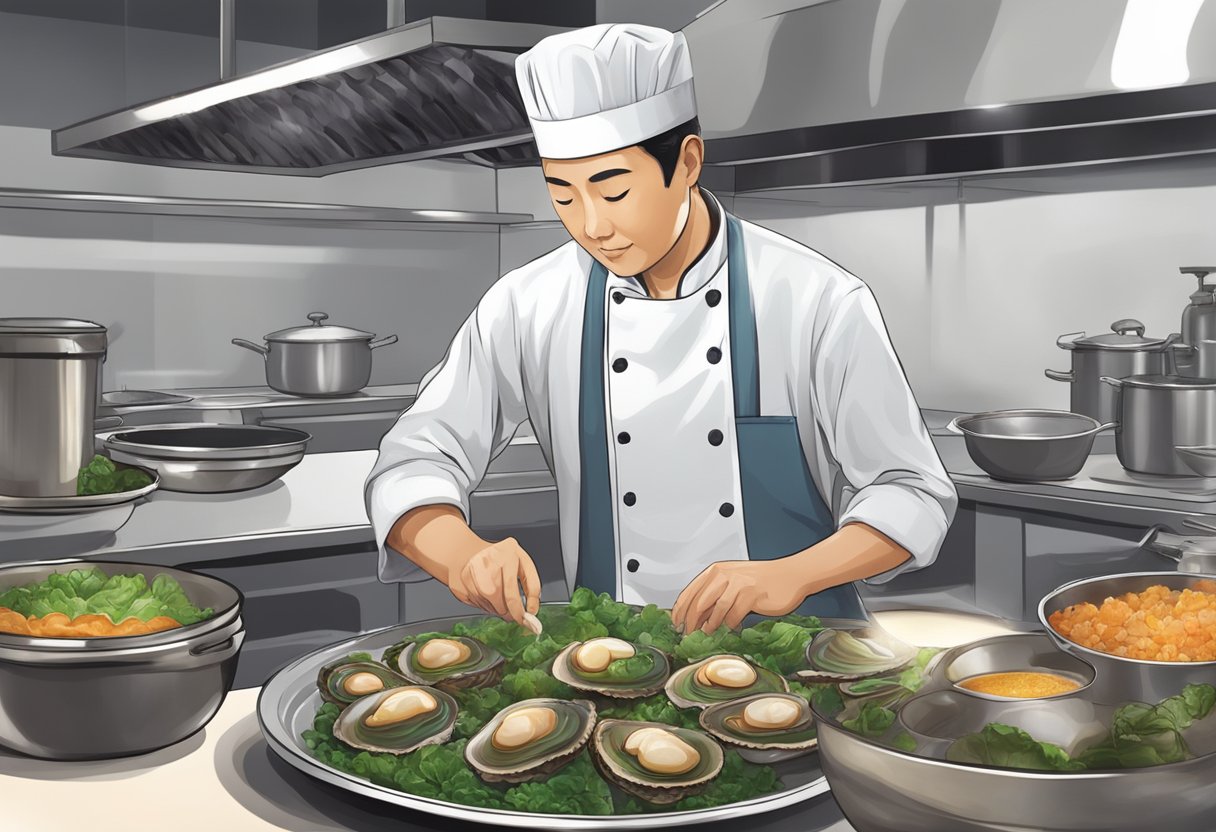 A chef prepares abalone Singapore recipe with fresh ingredients in a bustling kitchen
