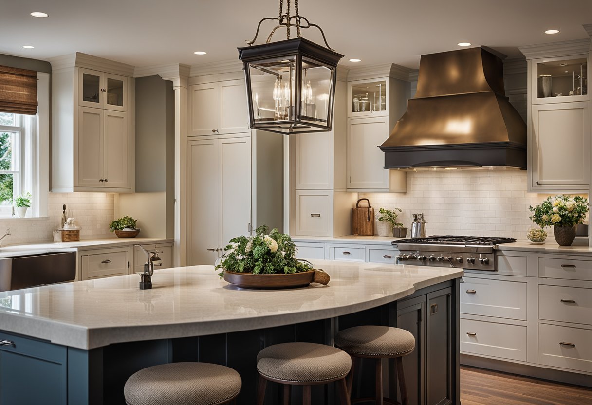 A traditional kitchen with a central island, classic cabinetry, and vintage light fixtures. The island is the focal point, with barstools and a decorative centerpiece