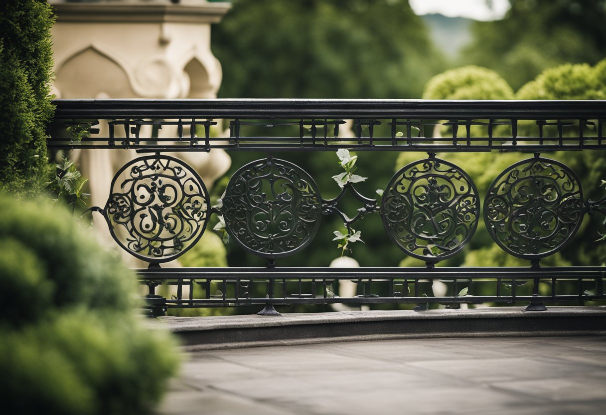 A balustrade with intricate scrollwork and ornate detailing lines the edge of a balcony overlooking a lush garden