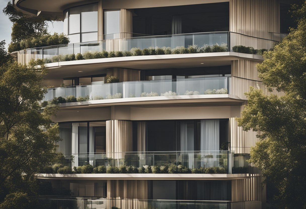A balcony with various balustrade designs, including wood, metal, and glass, overlooking a scenic view