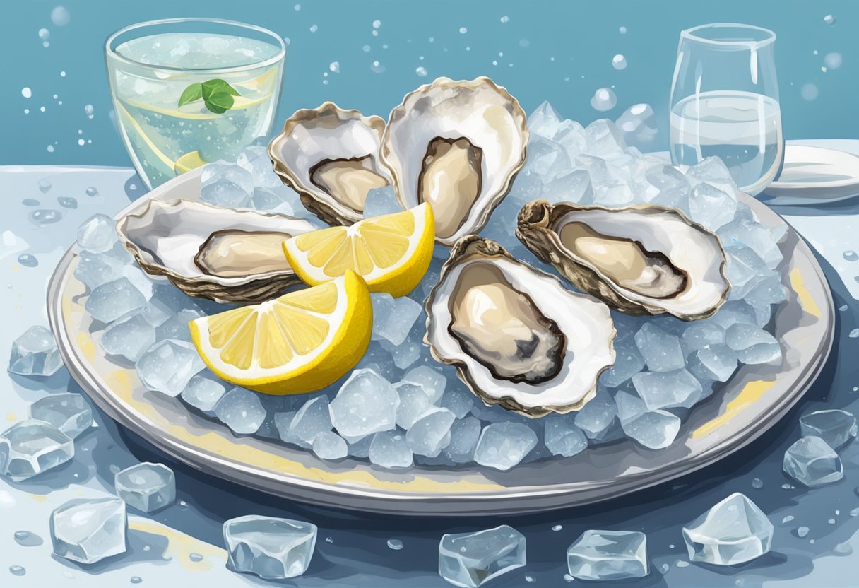 An open oyster shell on a bed of ice, surrounded by lemon wedges and a small dish of mignonette sauce