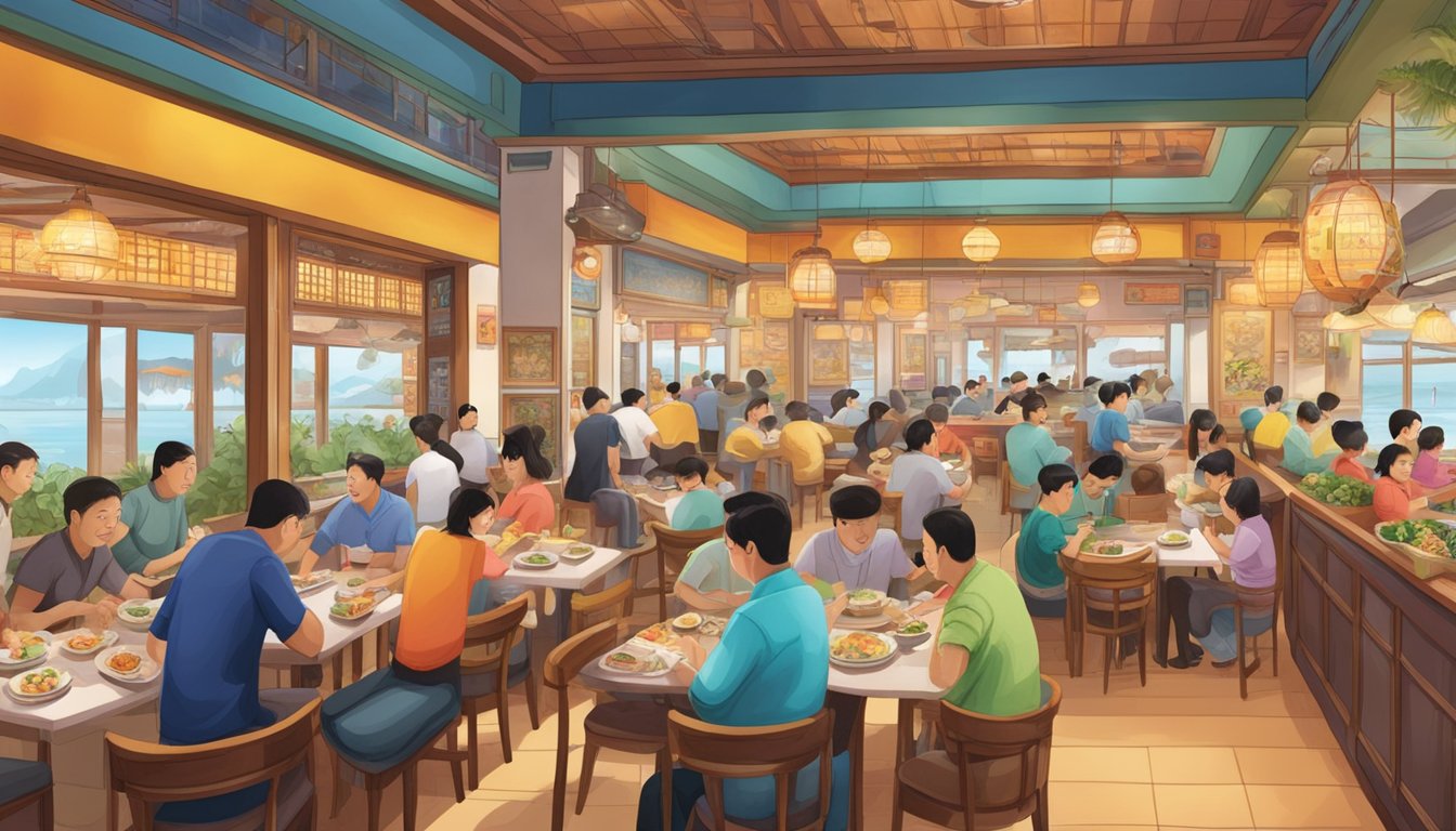 The bustling tekong seafood restaurant: colorful, crowded tables, steaming dishes, and a lively atmosphere
