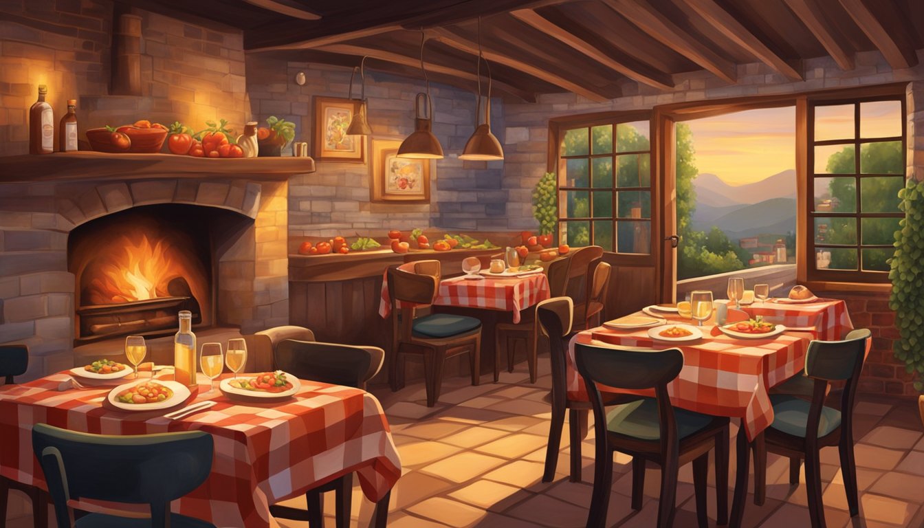A cozy Italian restaurant with dim lighting, checkered tablecloths, and wine bottles lining the walls. A wood-fired oven emits a warm glow, and the aroma of garlic and tomatoes fills the air