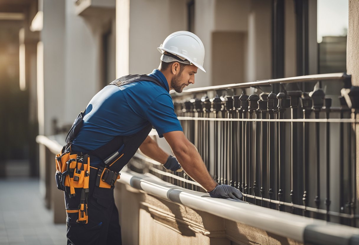 A technician installs and maintains balustrade designs on a balcony
