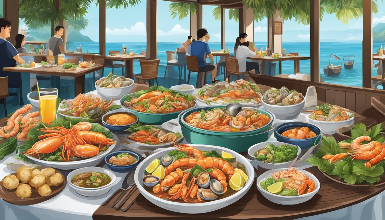 A table set with a variety of fresh seafood dishes and drinks, surrounded by a bustling and lively atmosphere at Tekong Seafood Restaurant