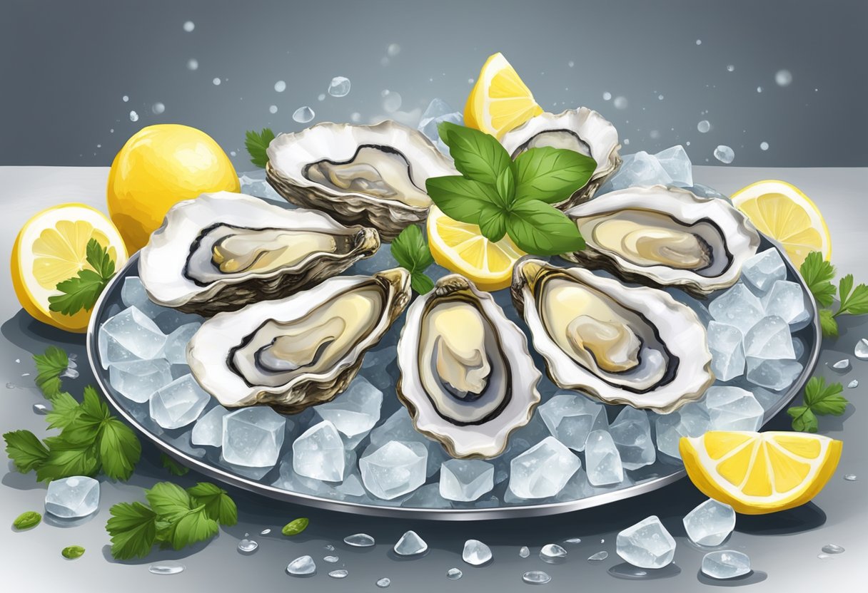 Oysters arranged on a bed of ice, garnished with lemon wedges and fresh herbs, served on a silver platter