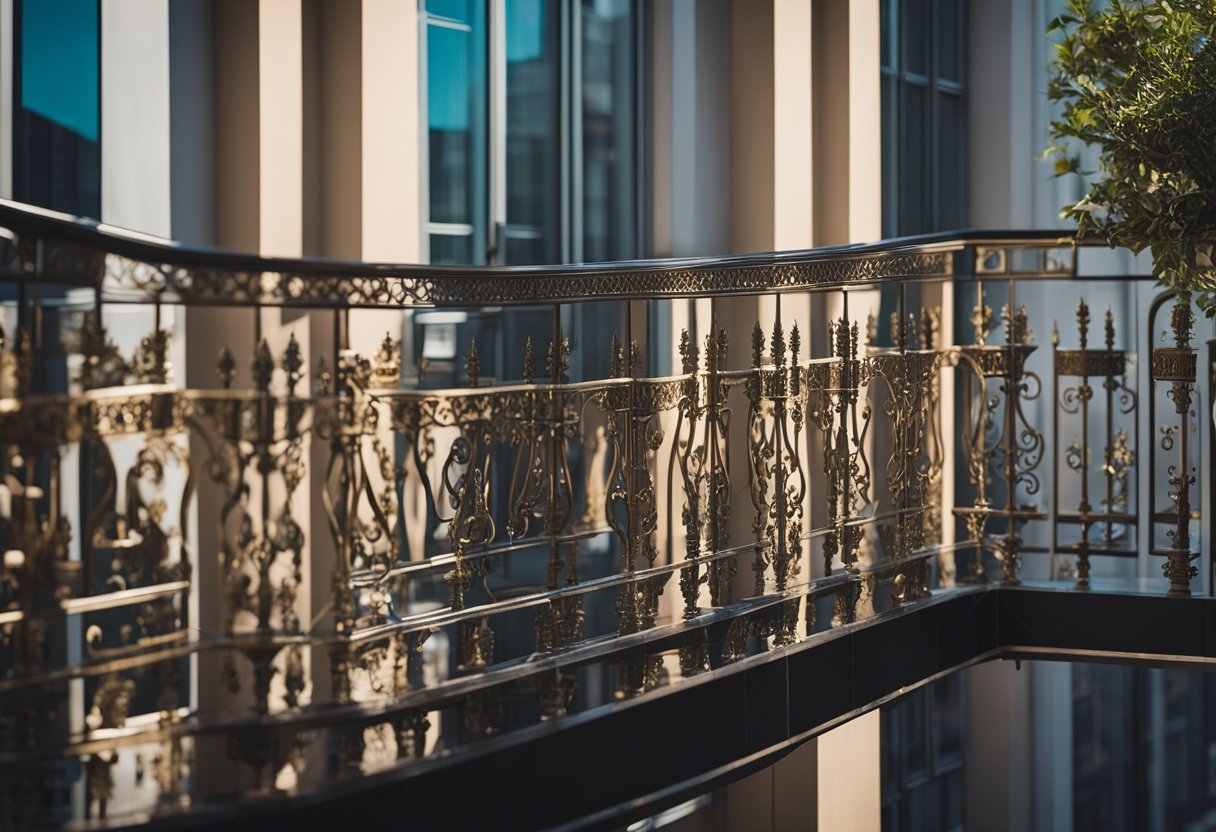 A balcony with various balustrade designs, including ornate metalwork and sleek glass panels, overlooking a bustling cityscape