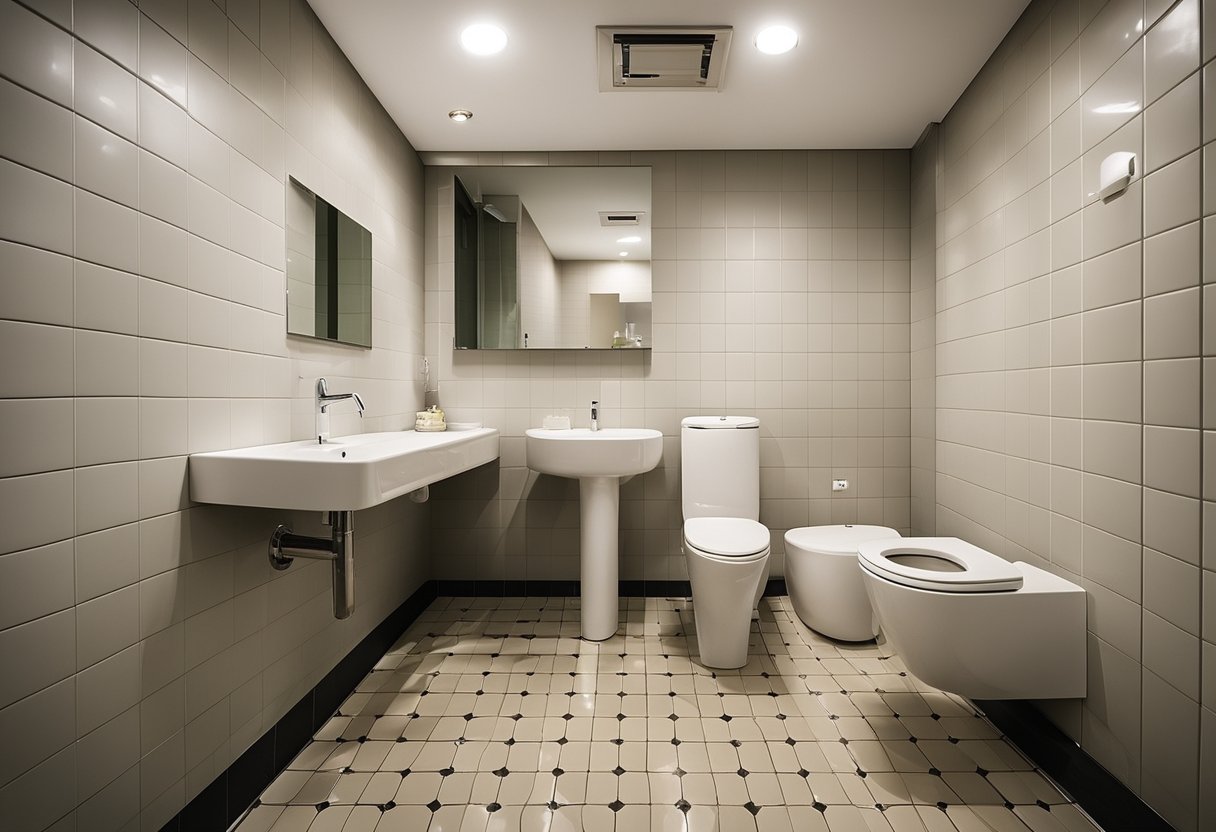 The old HDB toilet features a small, square-tiled floor, a porcelain squat toilet, and a wall-mounted sink with a large, round mirror above it