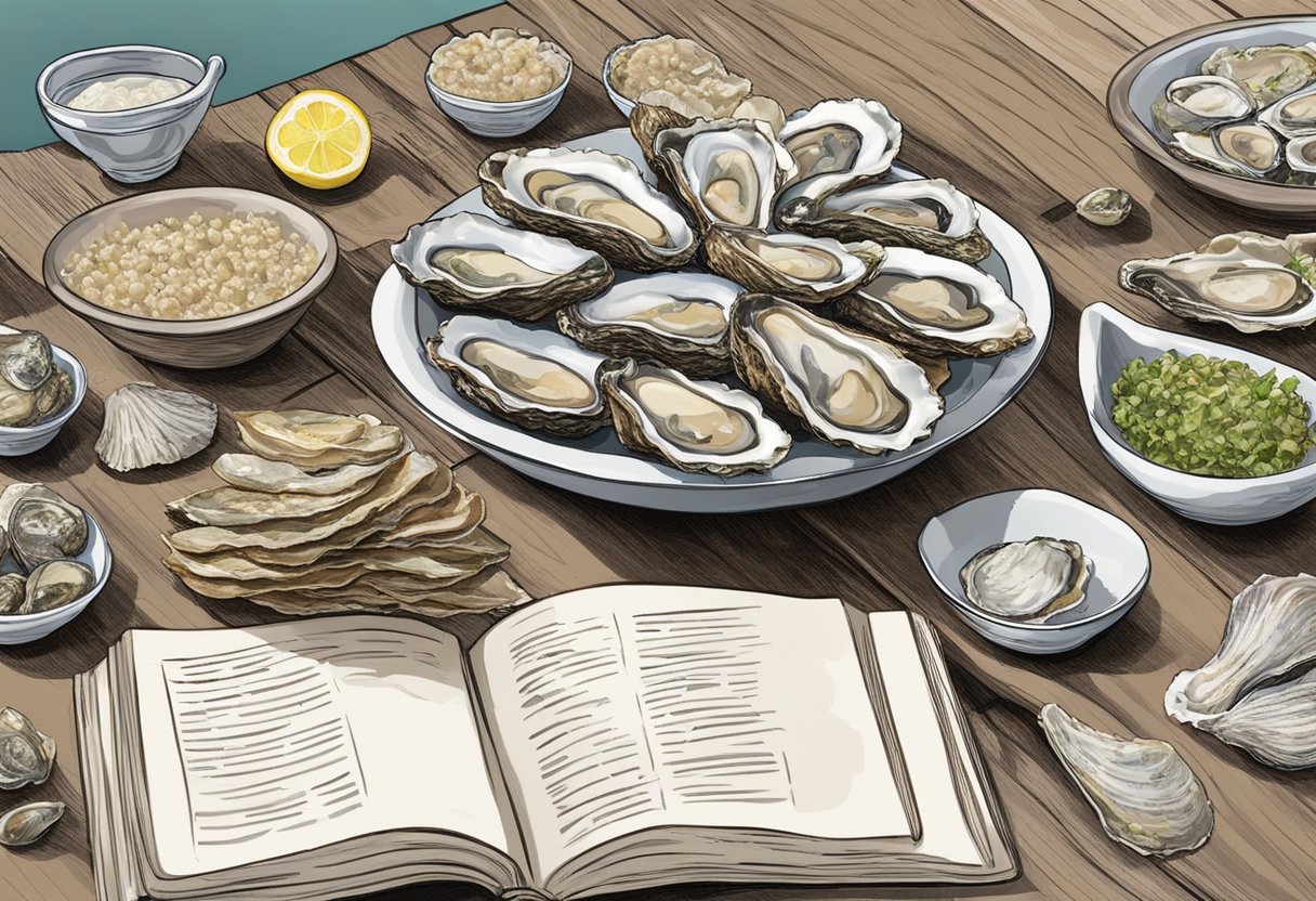 An open cookbook with a page titled "Frequently Asked Questions oyster recipe" surrounded by scattered oyster shells and a bowl of fresh oysters