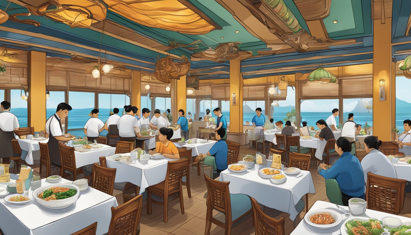 The bustling tekong seafood restaurant, with chefs expertly preparing fresh seafood dishes and diners enjoying the vibrant atmosphere