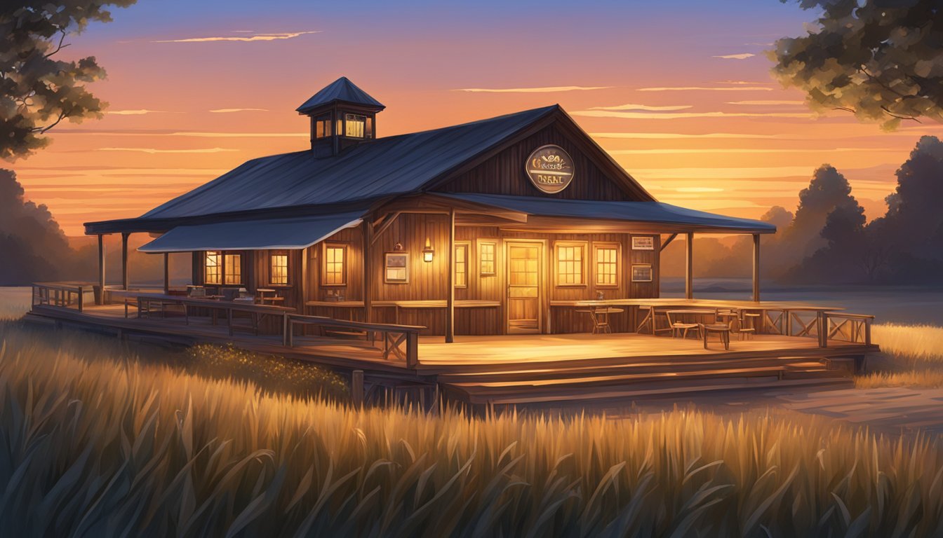 The sun sets over a rustic wooden restaurant, nestled in a field of white grass. The warm glow of the lights inside beckons hungry diners