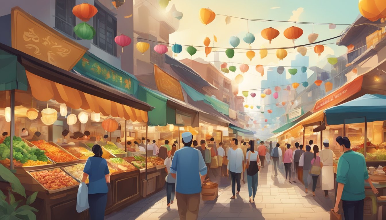 A bustling street lined with colorful food stalls and bustling restaurants, offering a wide variety of international cuisines and culinary delights
