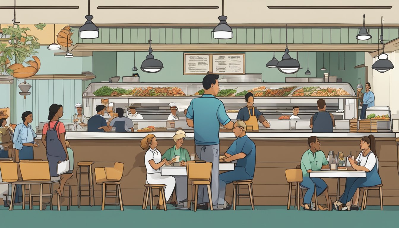 A bustling seafood restaurant with customers lining up, waitstaff serving dishes, and a sign displaying "Frequently Asked Questions" prominently