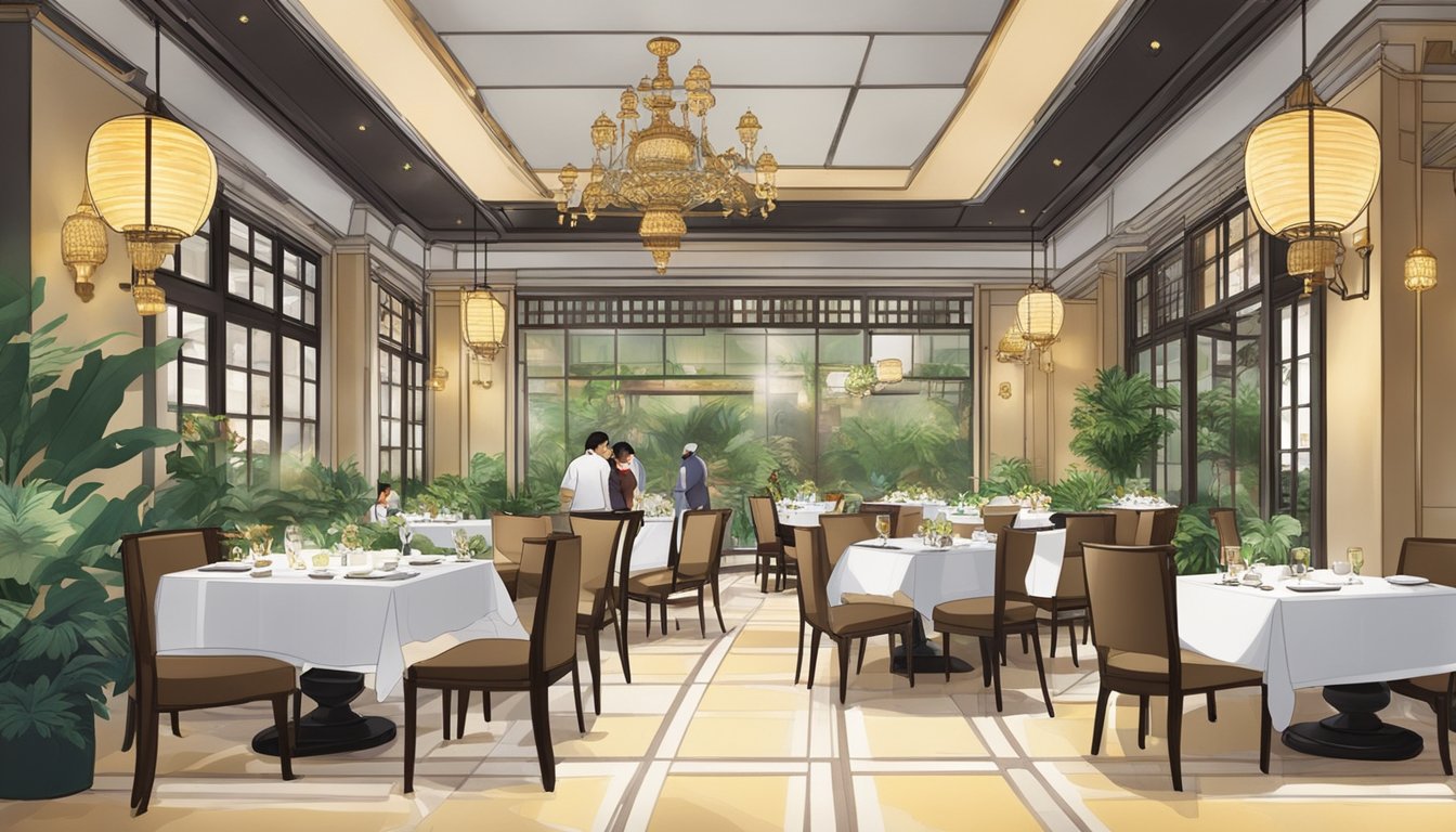 Guests enjoy a serene atmosphere in the elegant Lei Garden restaurant at Chijmes, with tasteful decor and ambient lighting creating a welcoming dining experience
