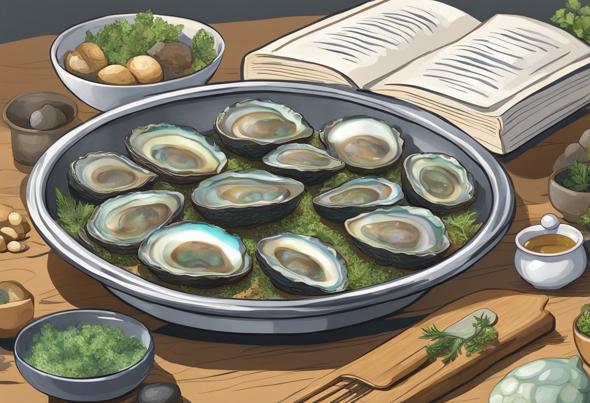 A table set with fresh abalone, herbs, and cooking utensils, with a recipe book open to an Australian abalone dish