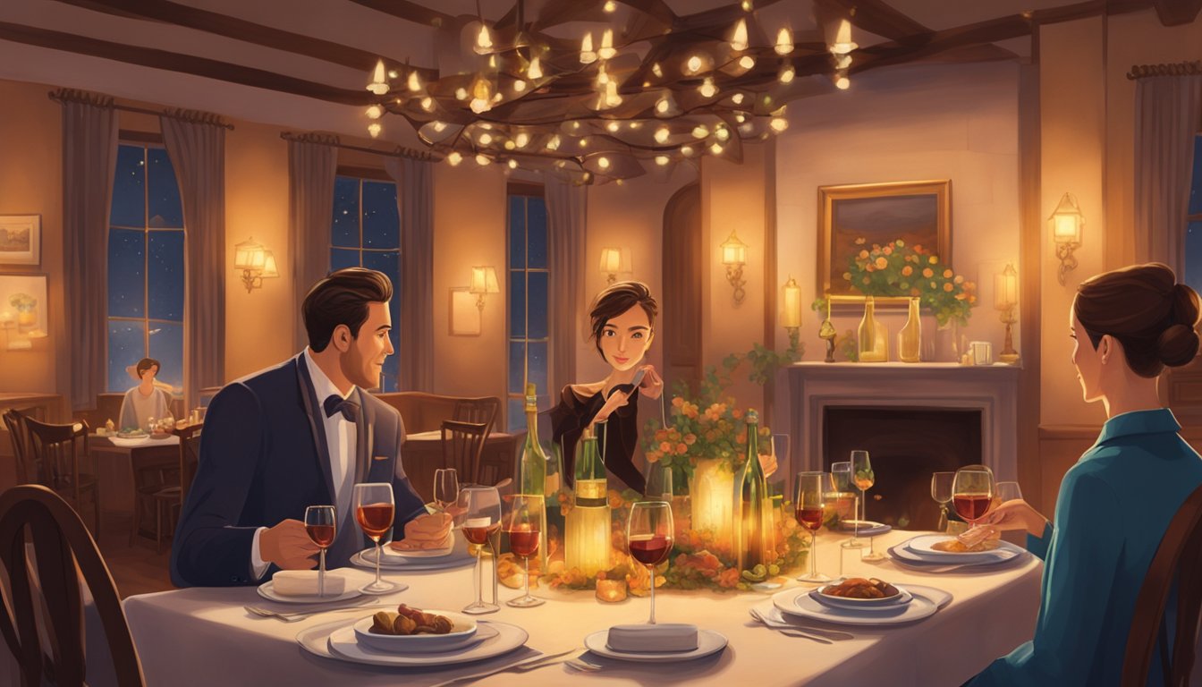 The warm glow of hanging lights illuminates the cozy dining area, with elegant table settings and a crackling fireplace. A waiter attends to a table, pouring wine for a couple enjoying their meal