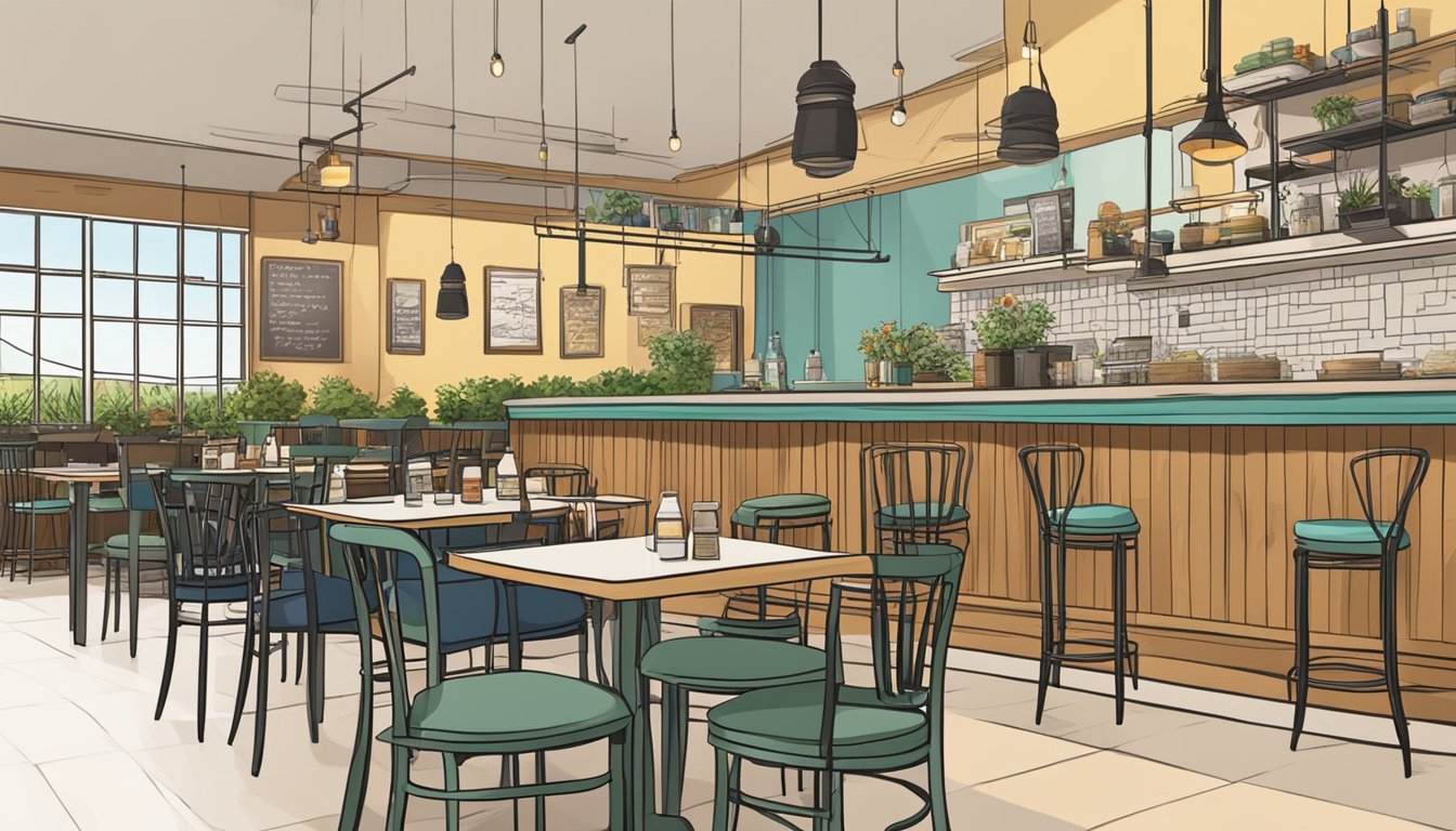 Tables and chairs fill the cozy restaurant. A menu board hangs on the wall. Patrons chat and enjoy their meals
