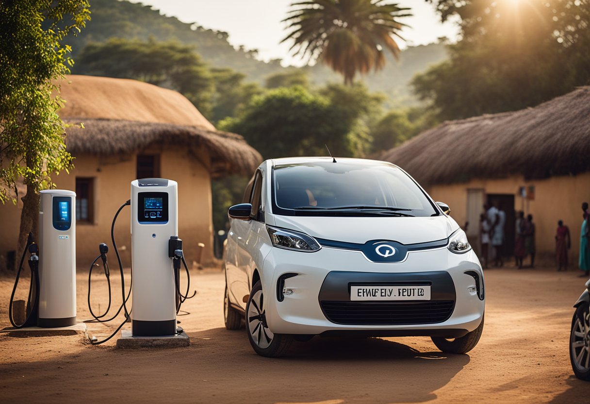 A French EV parked in a rural African village, surrounded by smiling villagers. The vehicle's charging station is connected to a solar panel, providing clean energy