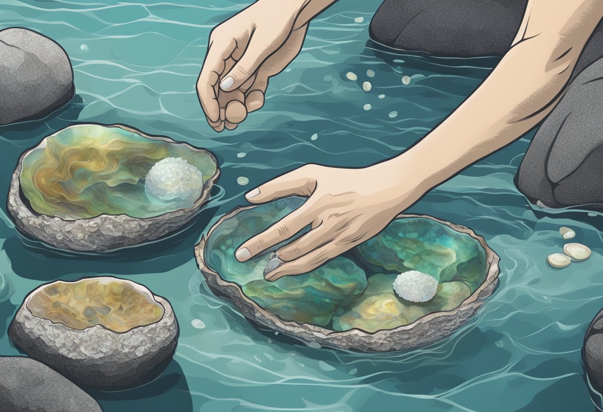 A hand reaching into clear ocean water, selecting fresh abalone from the rocky seabed. Nearby, a chef prepares ingredients for an Australian abalone recipe