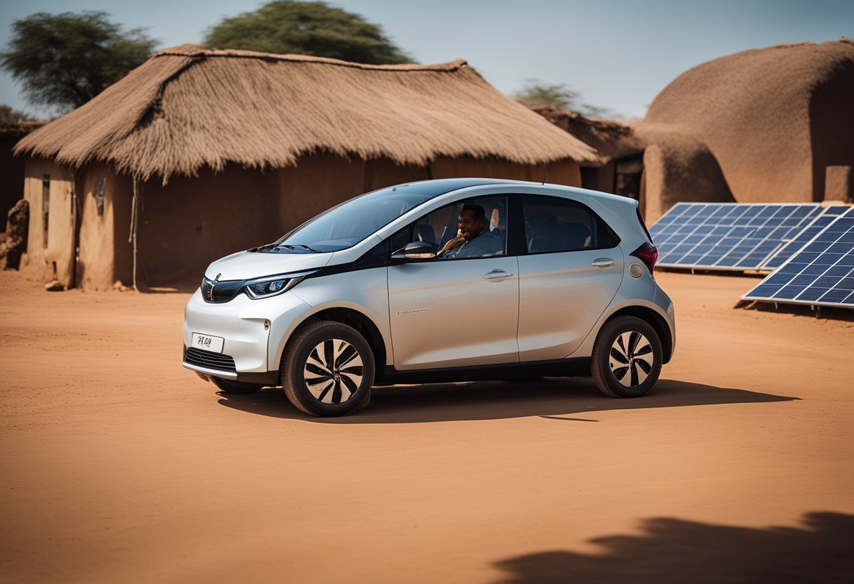 The Zoe EV sits in a dusty African village, surrounded by smiling locals. Solar panels line the rooftops, charging the car, as it powers the community