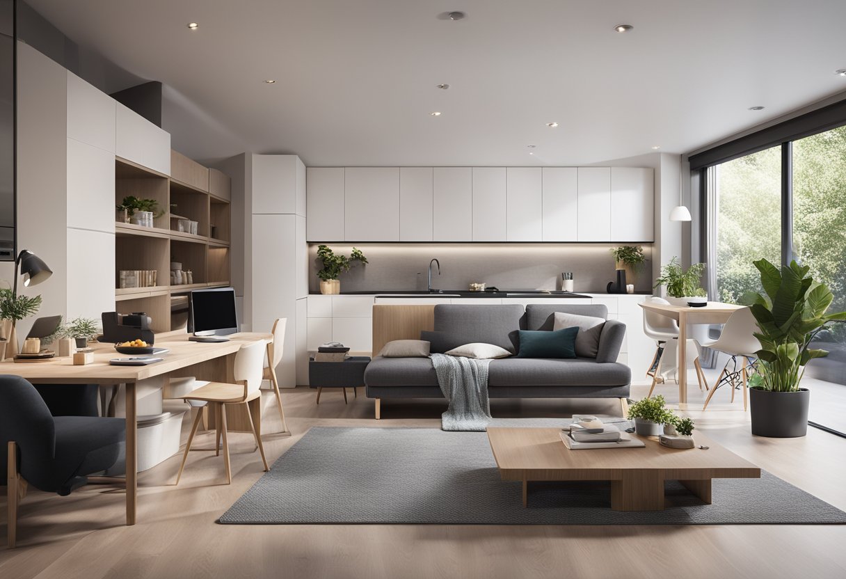 A spacious living room with multifunctional furniture, a sleek and modern kitchen with ample storage, a cozy and inviting bedroom with built-in storage solutions, a versatile home office with integrated workspaces, and a stylish and functional bathroom with innovative storage options