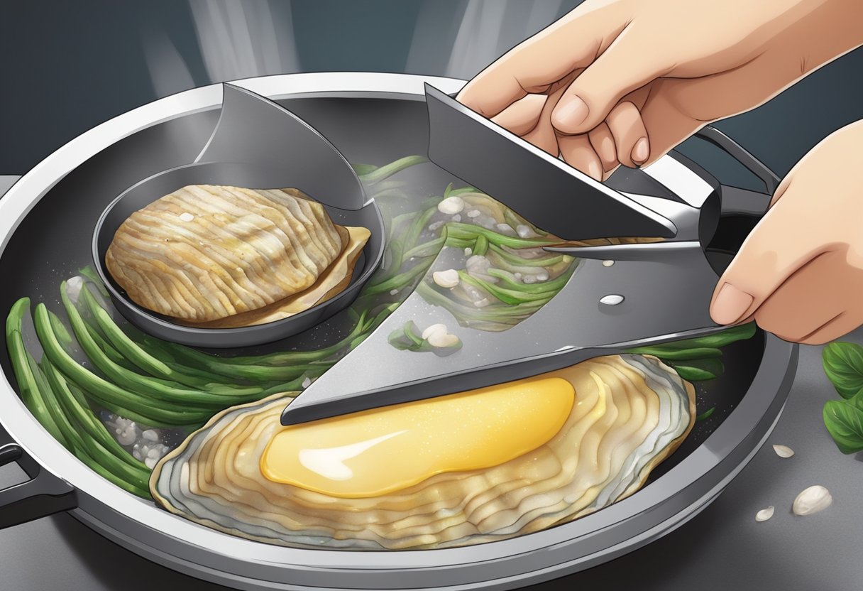 An abalone being sliced and tenderized, then cooked with garlic and butter in a sizzling pan