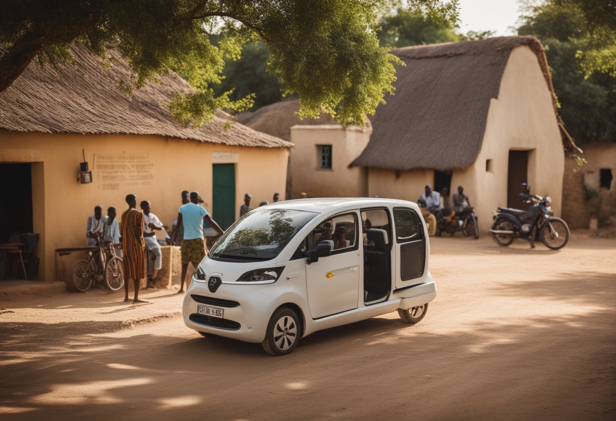 A French EV parked in a rural African village, surrounded by smiling locals. It is powering up homes and businesses, bringing light and progress to the community